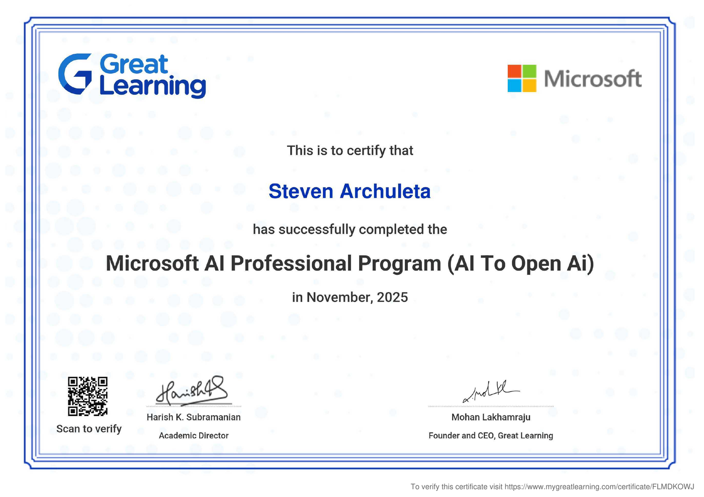 Microsoft AI Professional Program certificate